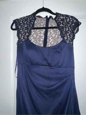 Xscape Navy Blue Lace Cap Sleeve Evening Dress